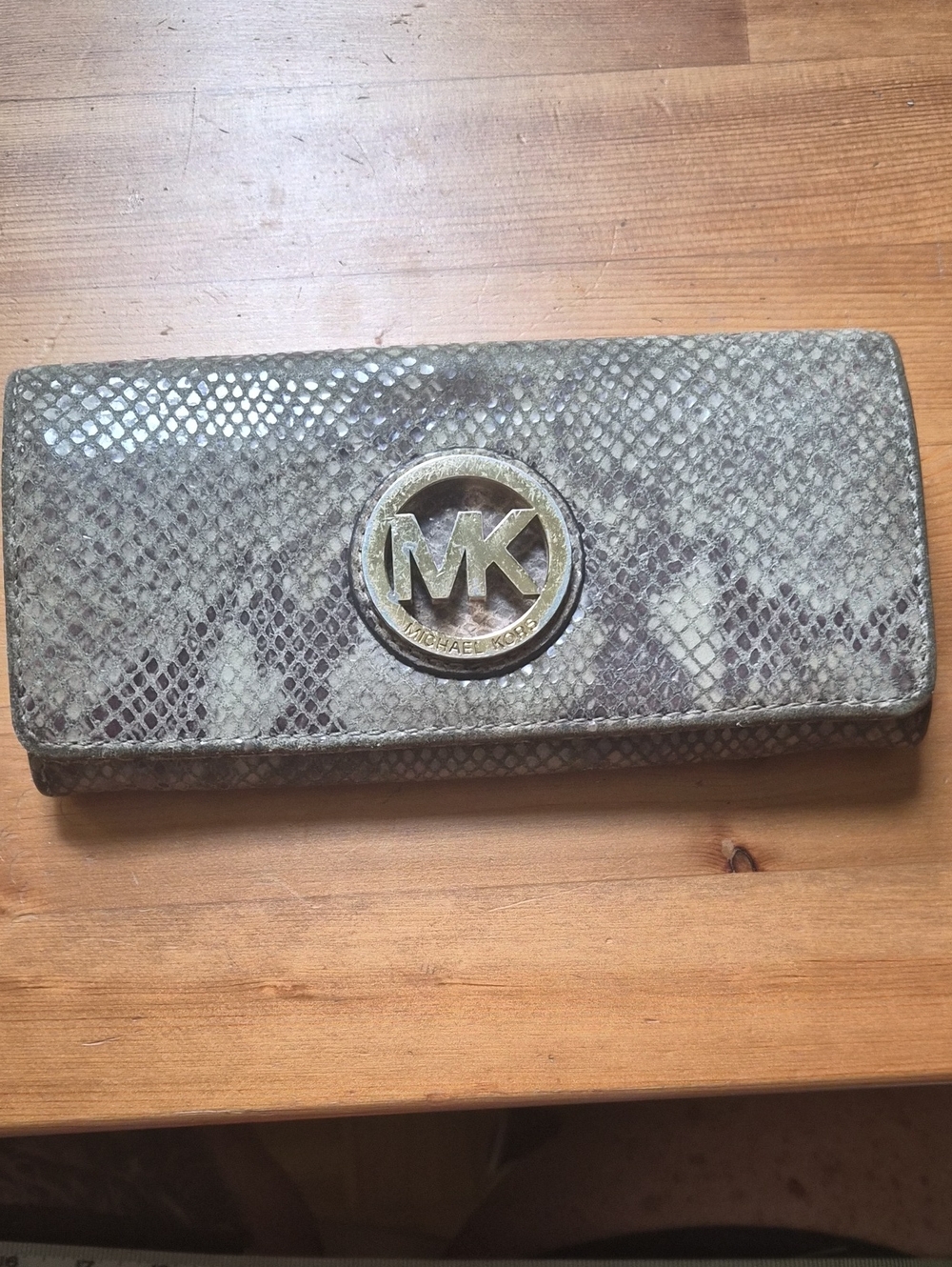 Michael Kors Snake-Embossed Continental Wallet in Grey-Taupe with Gold Logo